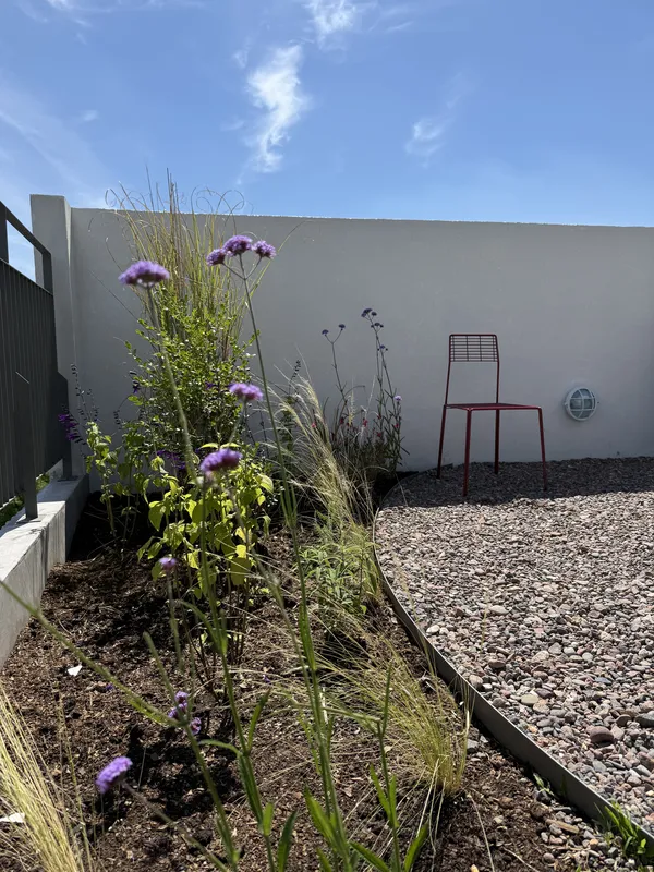 Cantero de verbenas y gramíneas en una terraza con una silla roja